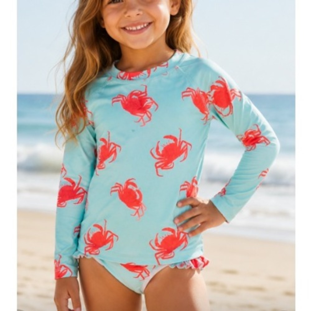 Kate Quinn Kids Crab Print Long Sleeve Crew Neck Rash Guard Tee 5Y NWT